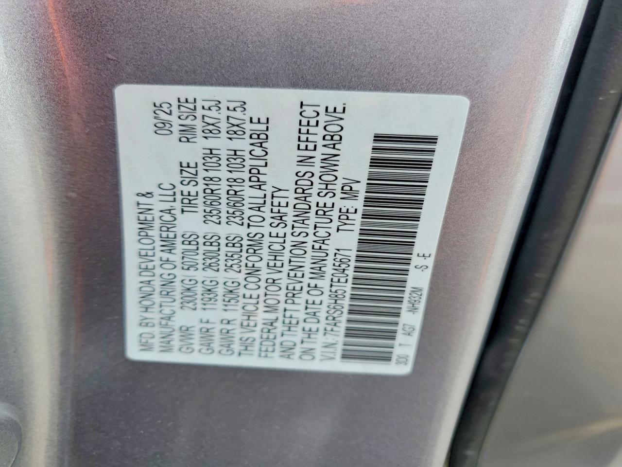 2026 Honda Crv VIN 7FARS6H85TE045671 photo 12