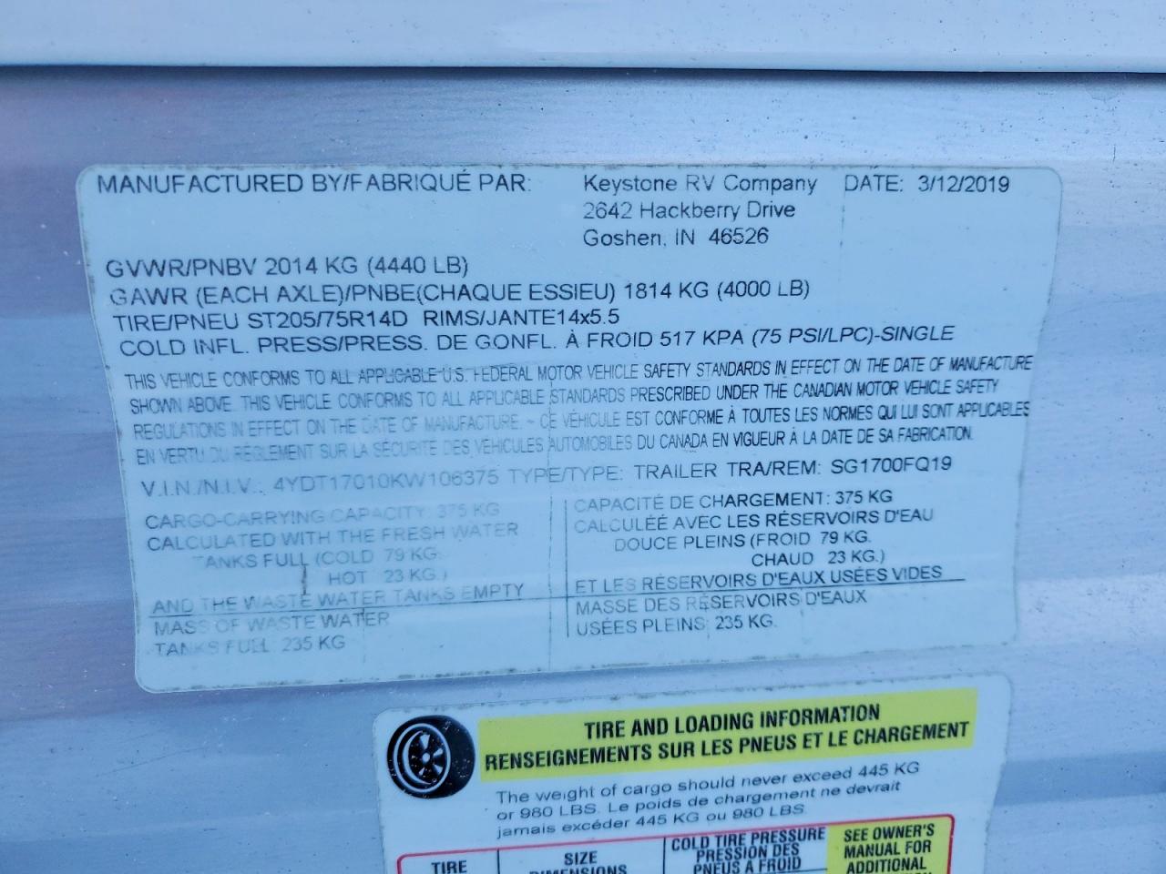 2019 KEYSTONE Springdale VIN 4YDT17010KW106375 photo 10