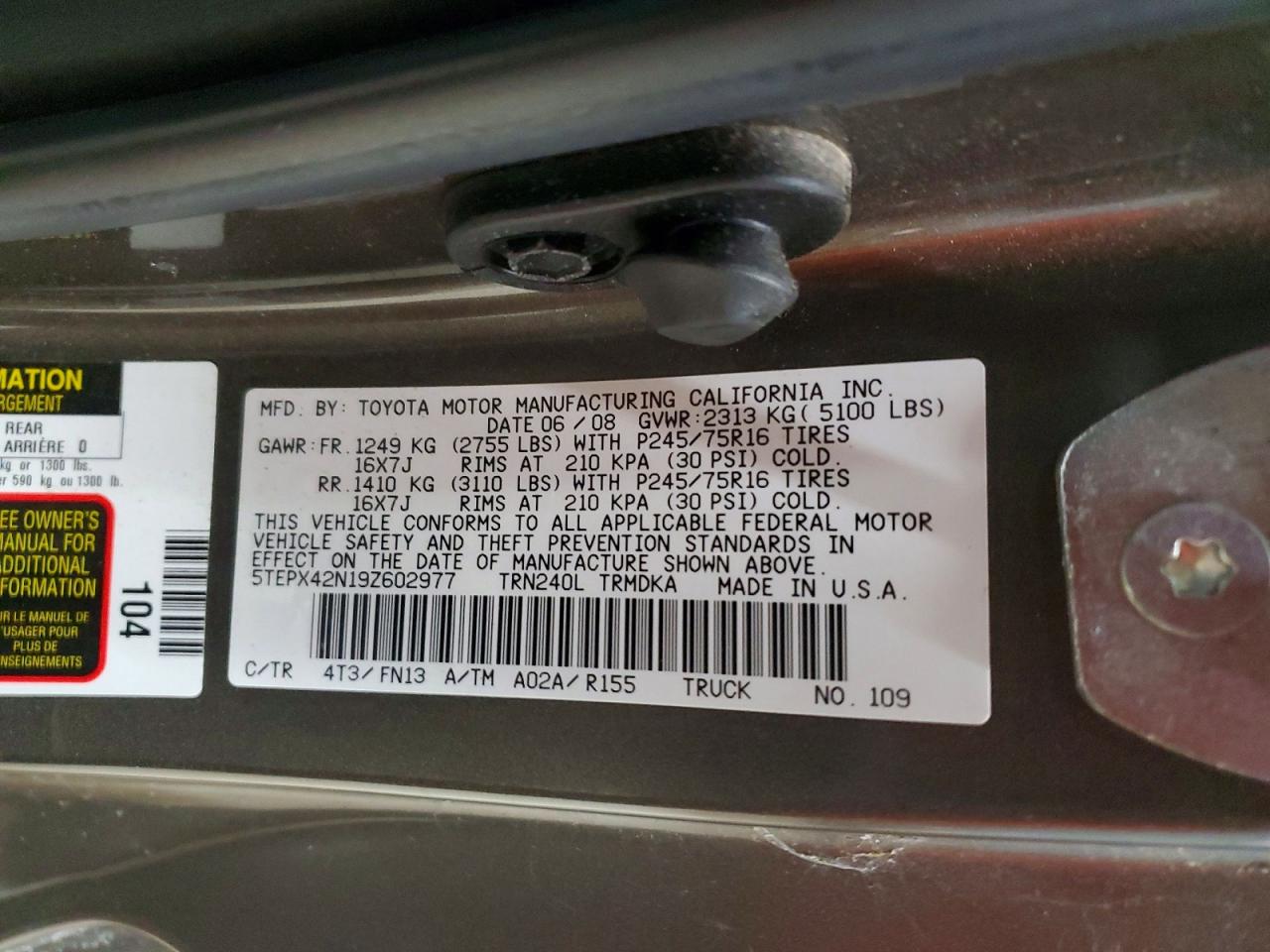 2009 Toyota All models VIN 5TEPX42N19Z602977 photo 12