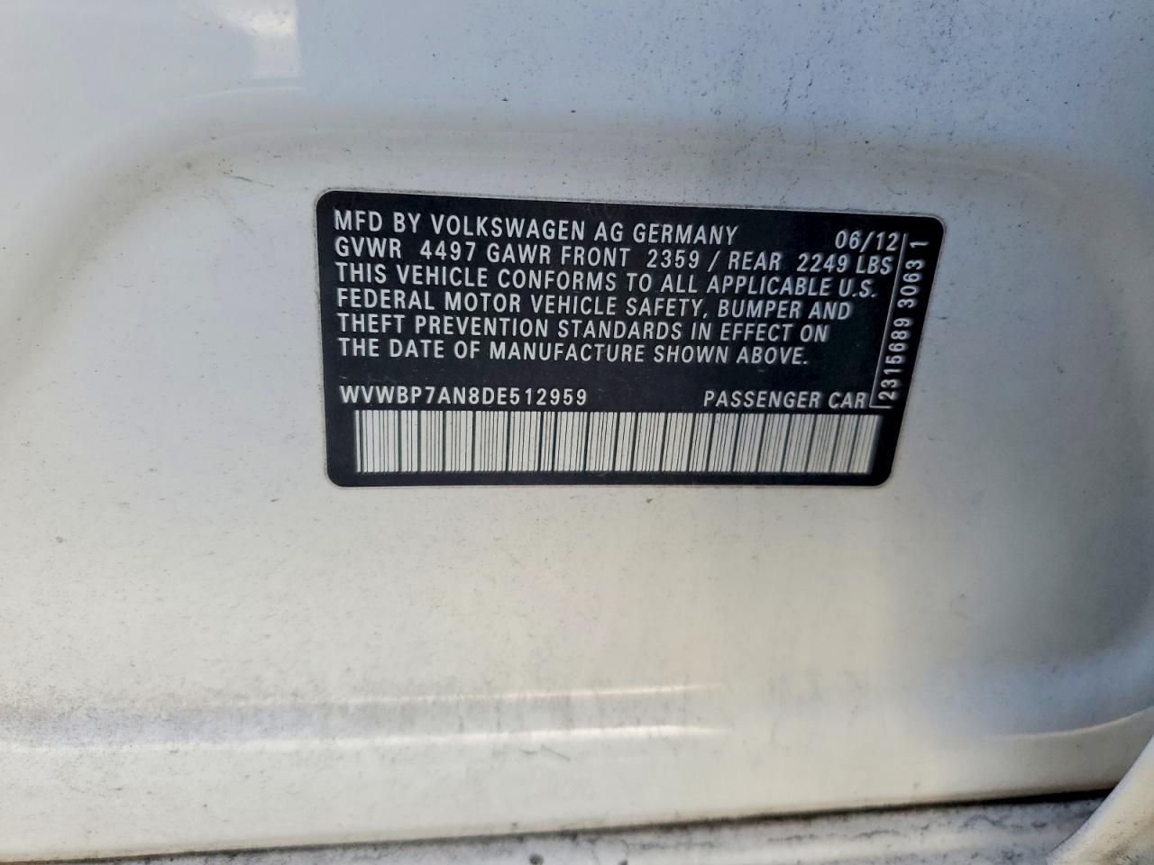 2013 Volkswagen Cc VIN WVWBP7AN8DE512959 photo 12