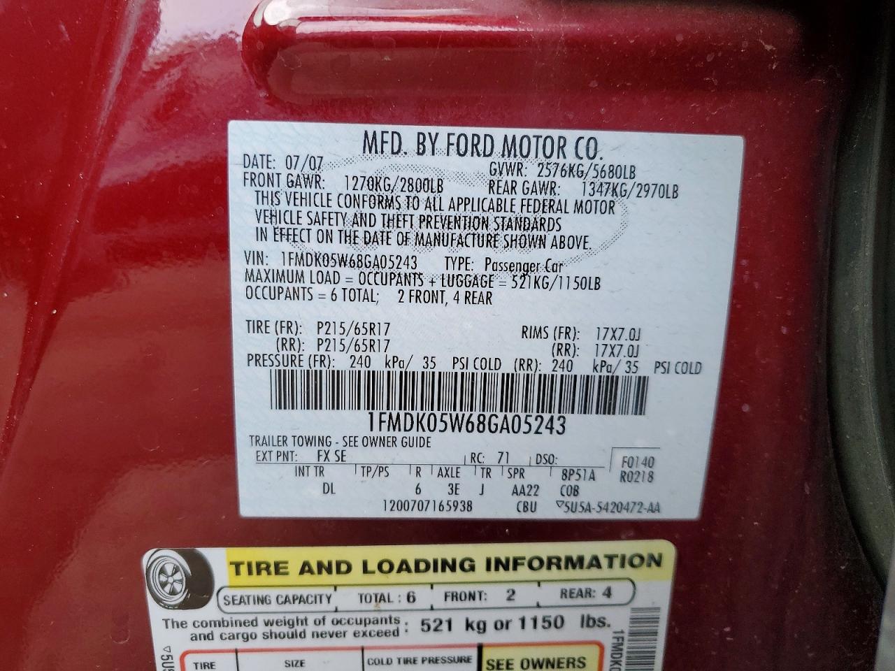 2008 Ford Taurus VIN 1FMDK05W68GA05243 photo 12