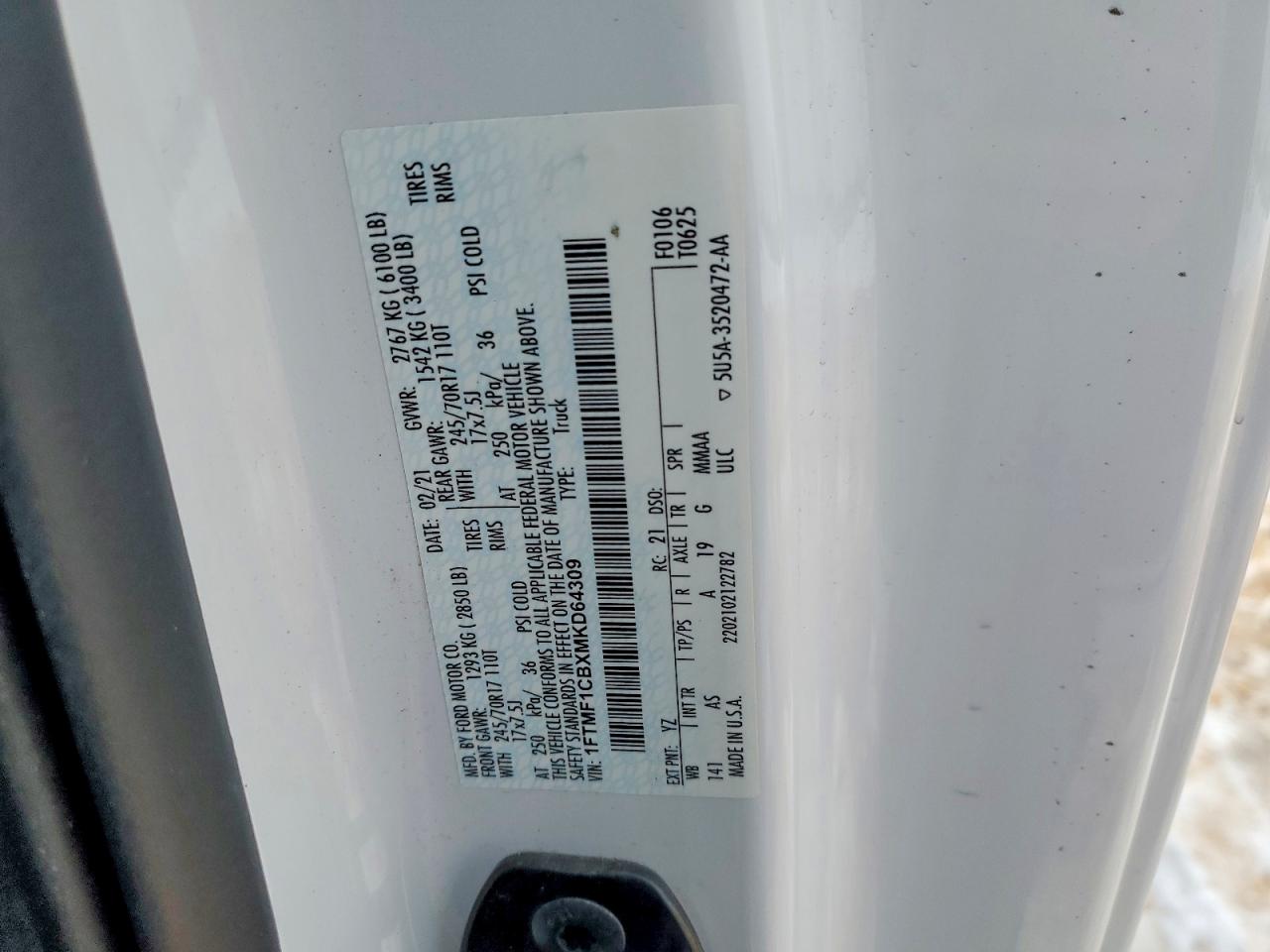 2021 Ford All models VIN 1FTMF1CBXMKD64309 photo 12