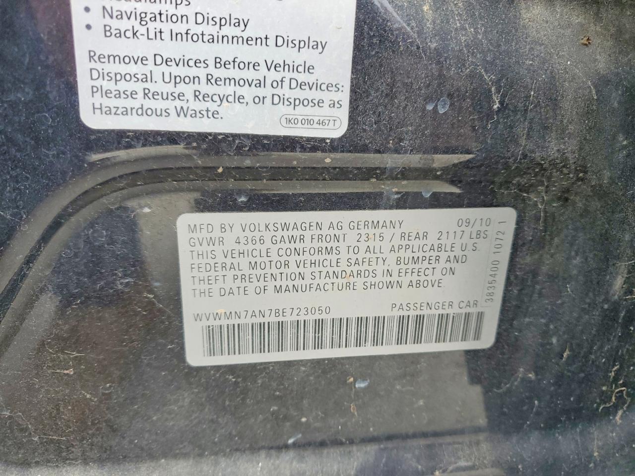 2011 Volkswagen Cc VIN WVWMN7AN7BE723050 photo 12