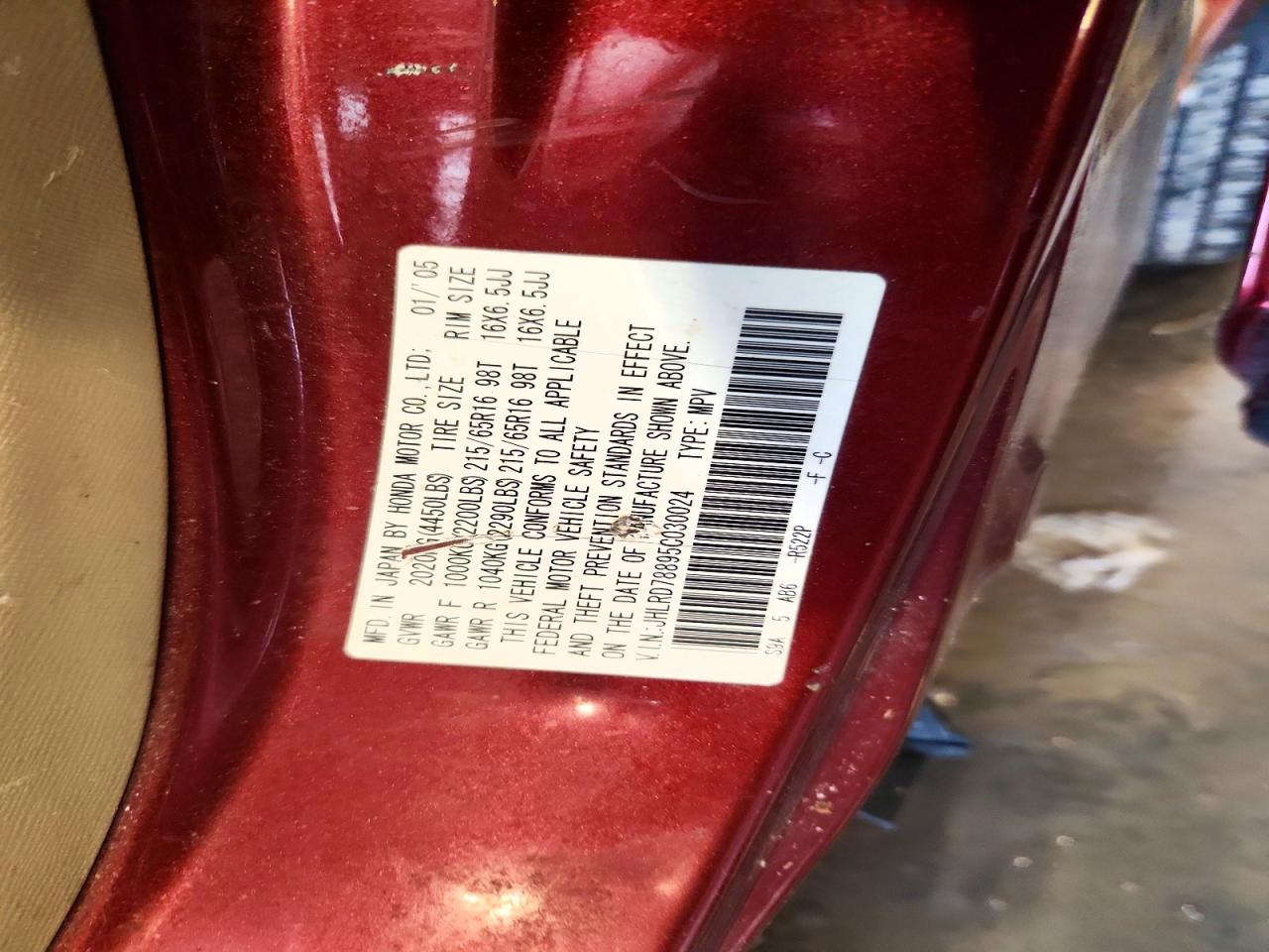 2005 HONDA Crv VIN JHLRD78895C030024 photo 12