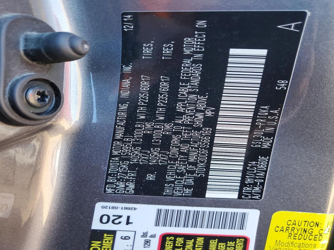 2015 Toyota All models VIN 5TDYK3DC6FS566169 photo 12
