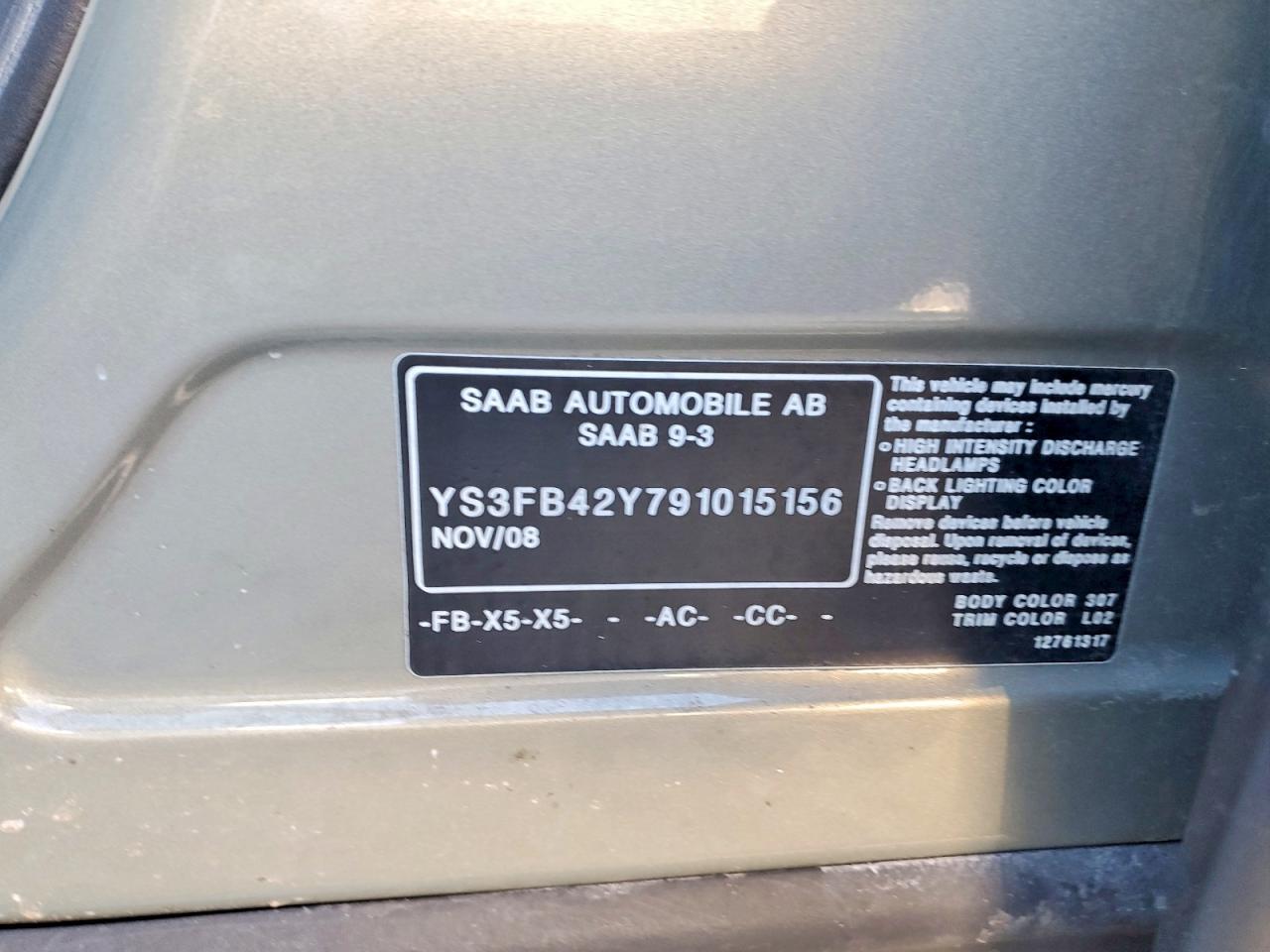 2009 Saab 9-3 VIN YS3FB42Y791015156 photo 12