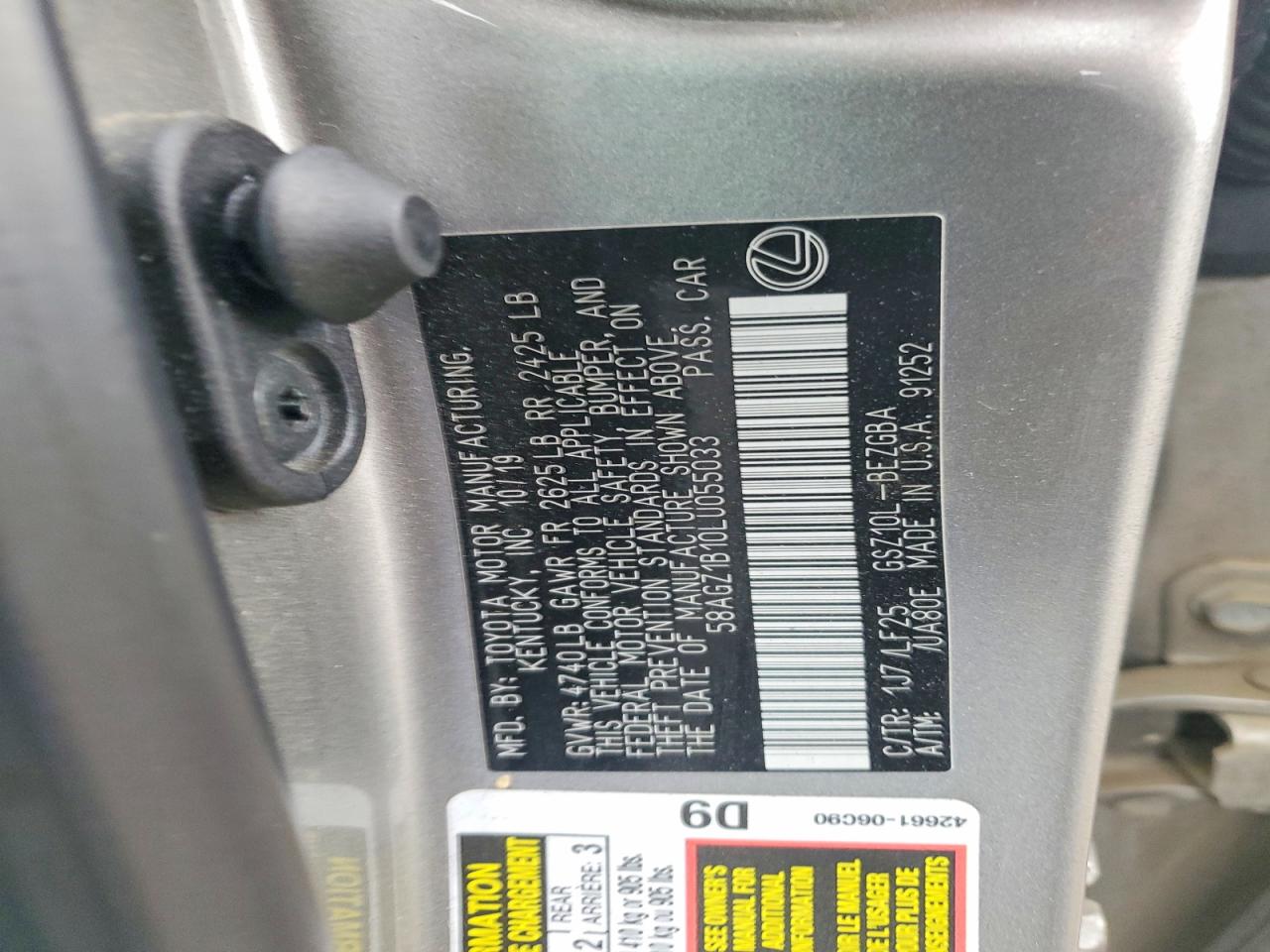 2020 Lexus ES350 VIN 58AGZ1B10LU055033 photo 12