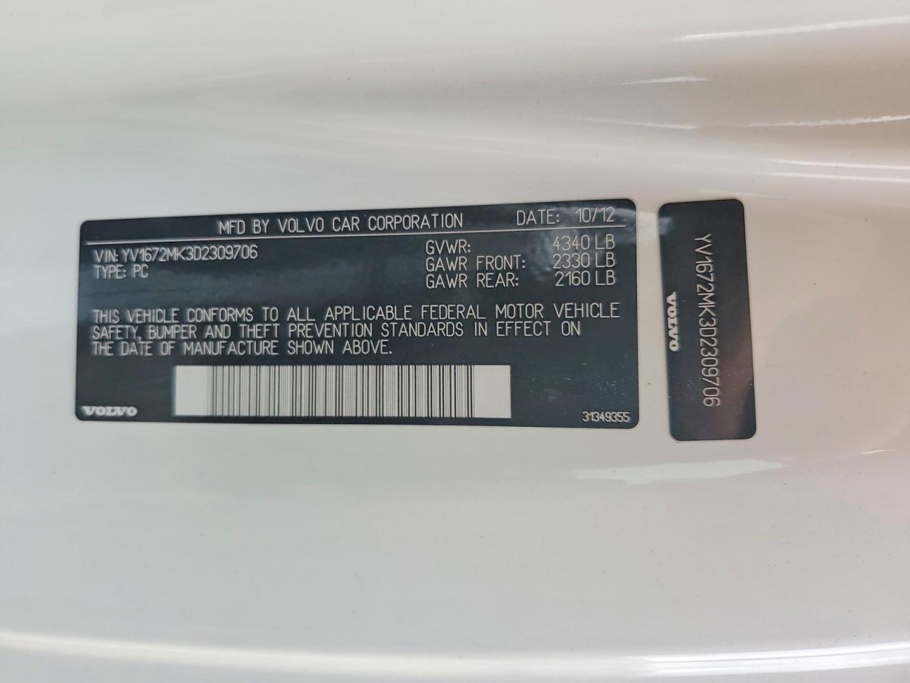 2013 Volvo C30 VIN YV1672MK3D2309706 photo 12