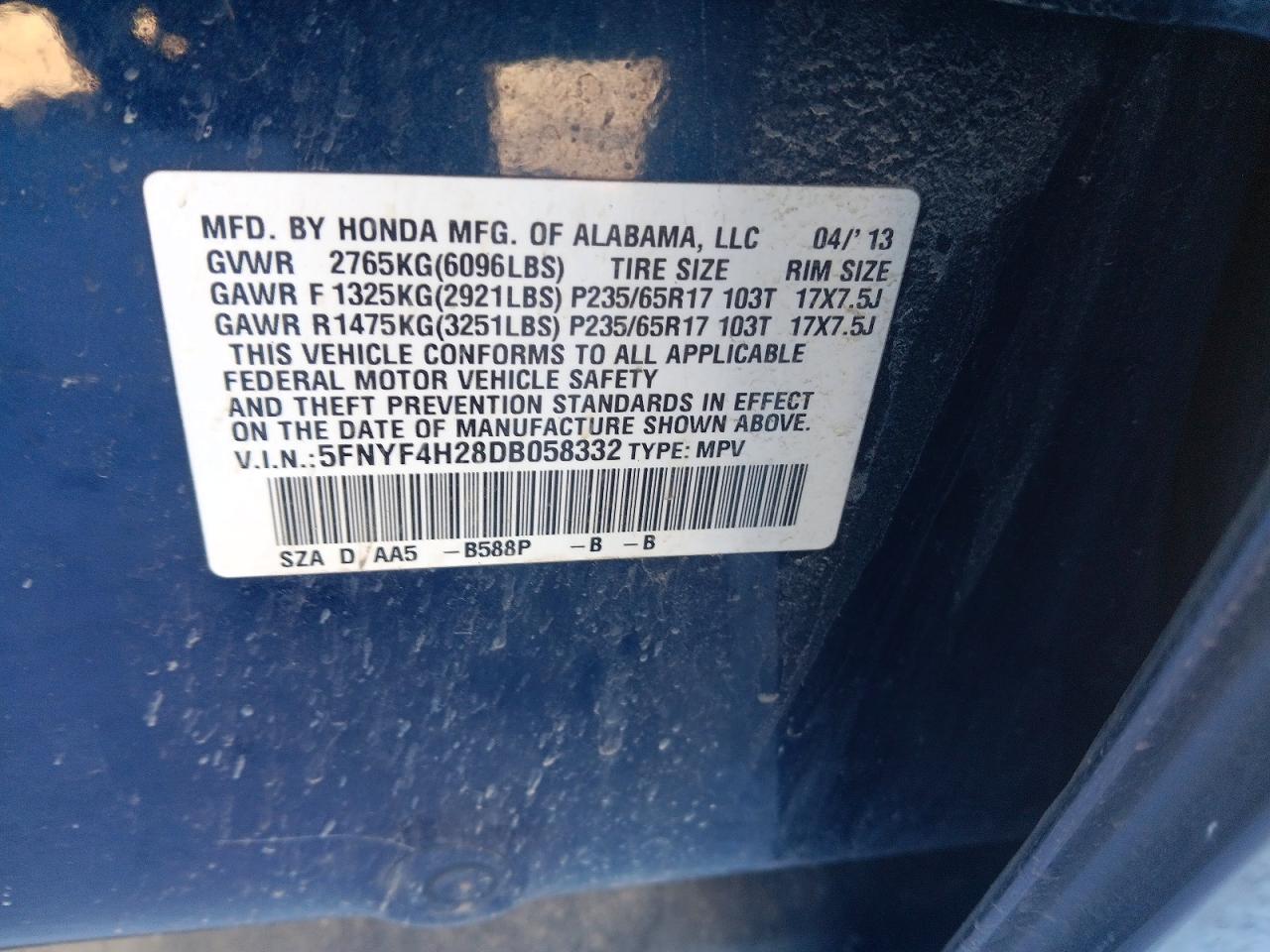 2013 Honda Pilot VIN 5FNYF4H28DB058332 photo 12