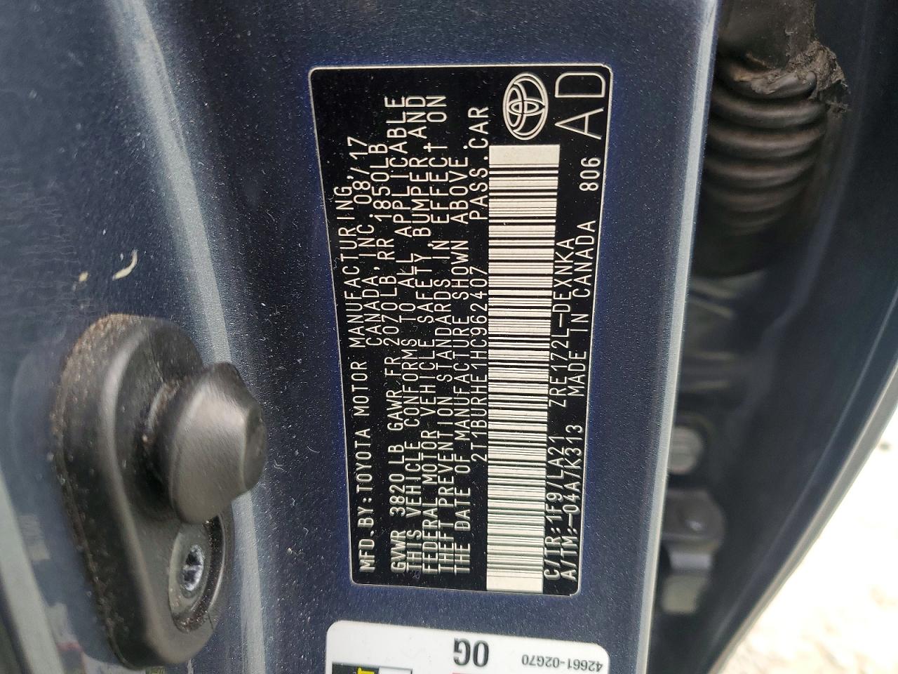 2017 Corolla VIN 2T1BURHE1HC962407 photo 12