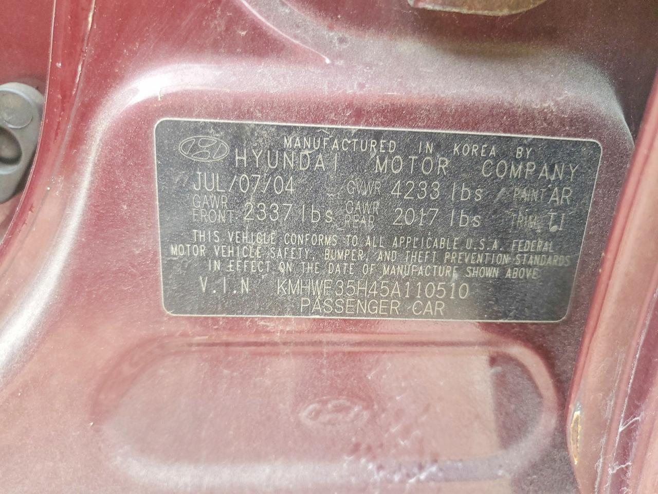 2005 Hyundai Sonata VIN KMHWF35H45A110510 photo 12