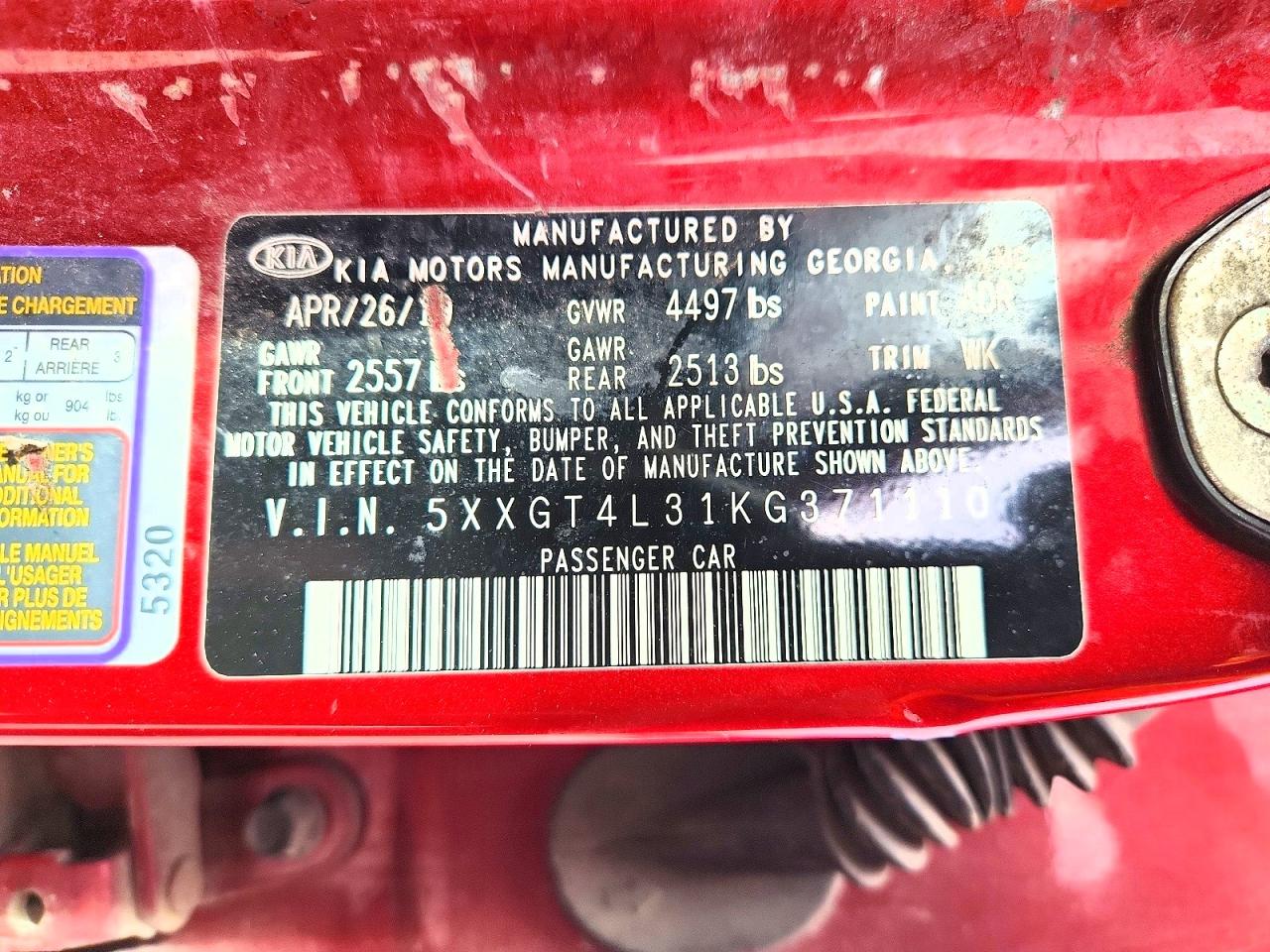 2019 KIA Optima s VIN 5XXGT4L31KG371110 photo 12