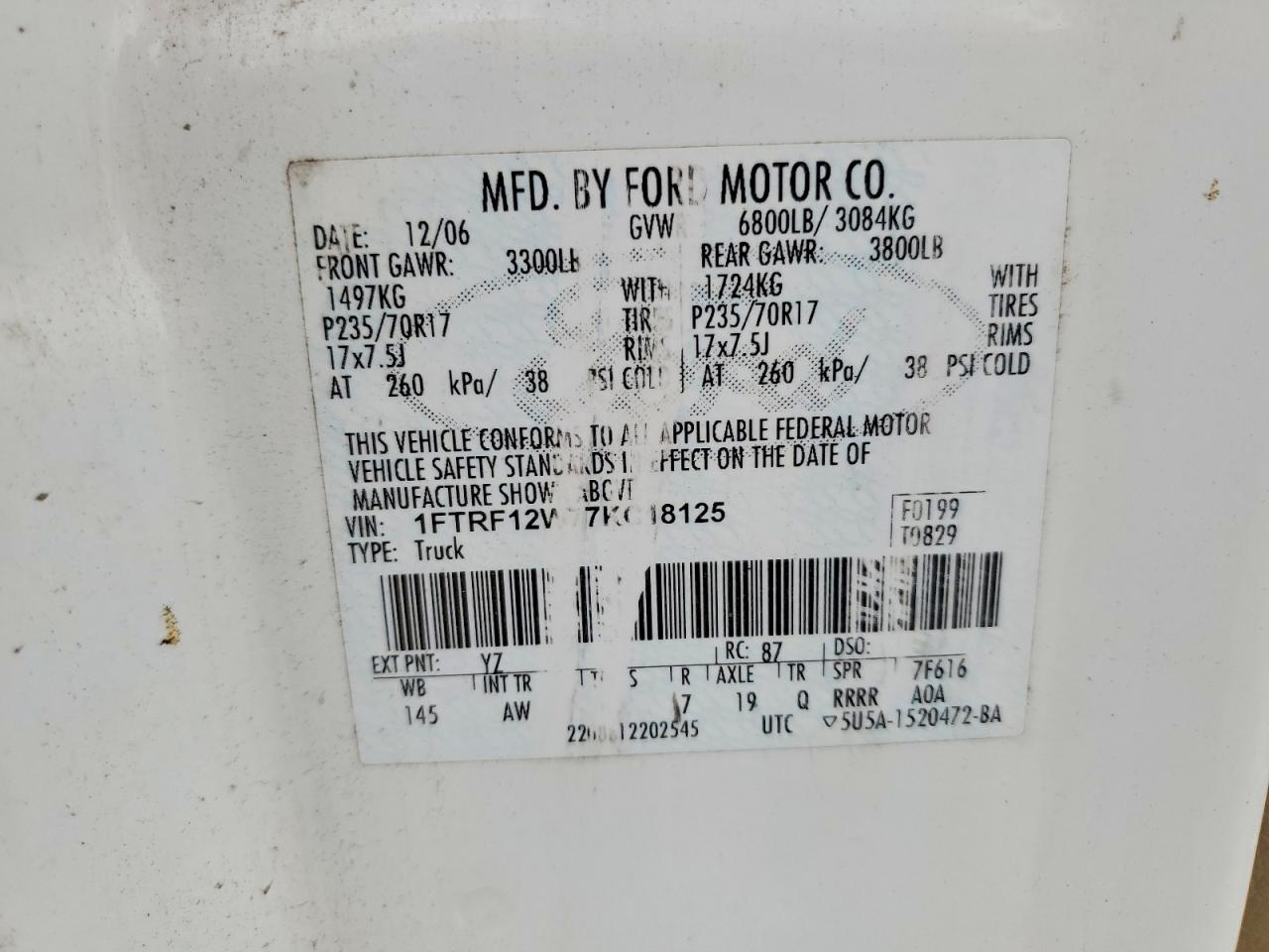 2007 Ford F150 VIN 1FTRF12W77KC18125 photo 12