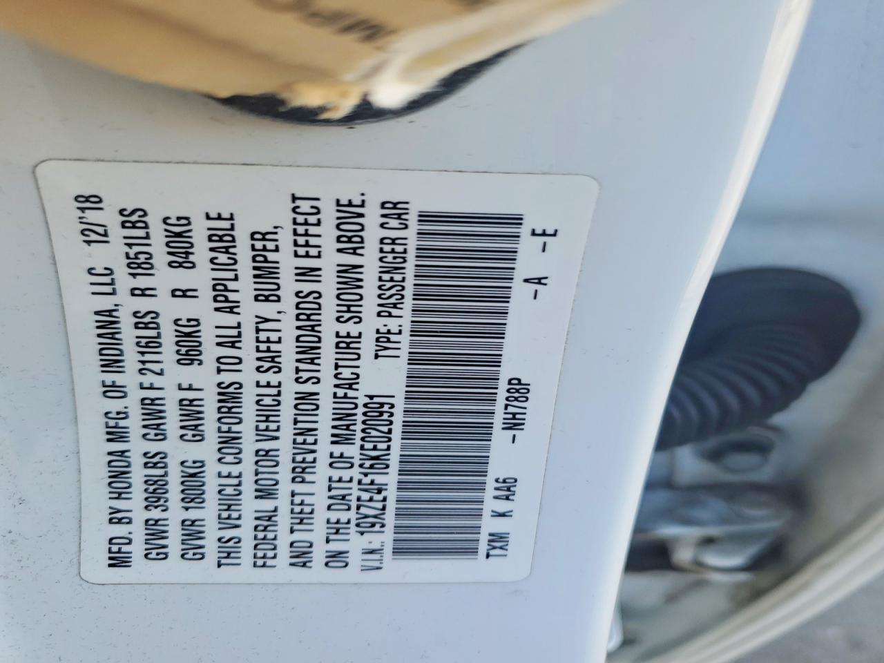 2019 HONDA Insight VIN 19XZE4F16KE020991 photo 12