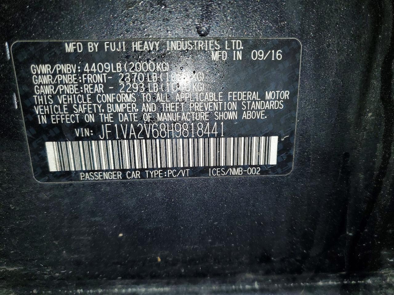 2017 SUBARU Wrx VIN JF1VA2V68H9818441 photo 12