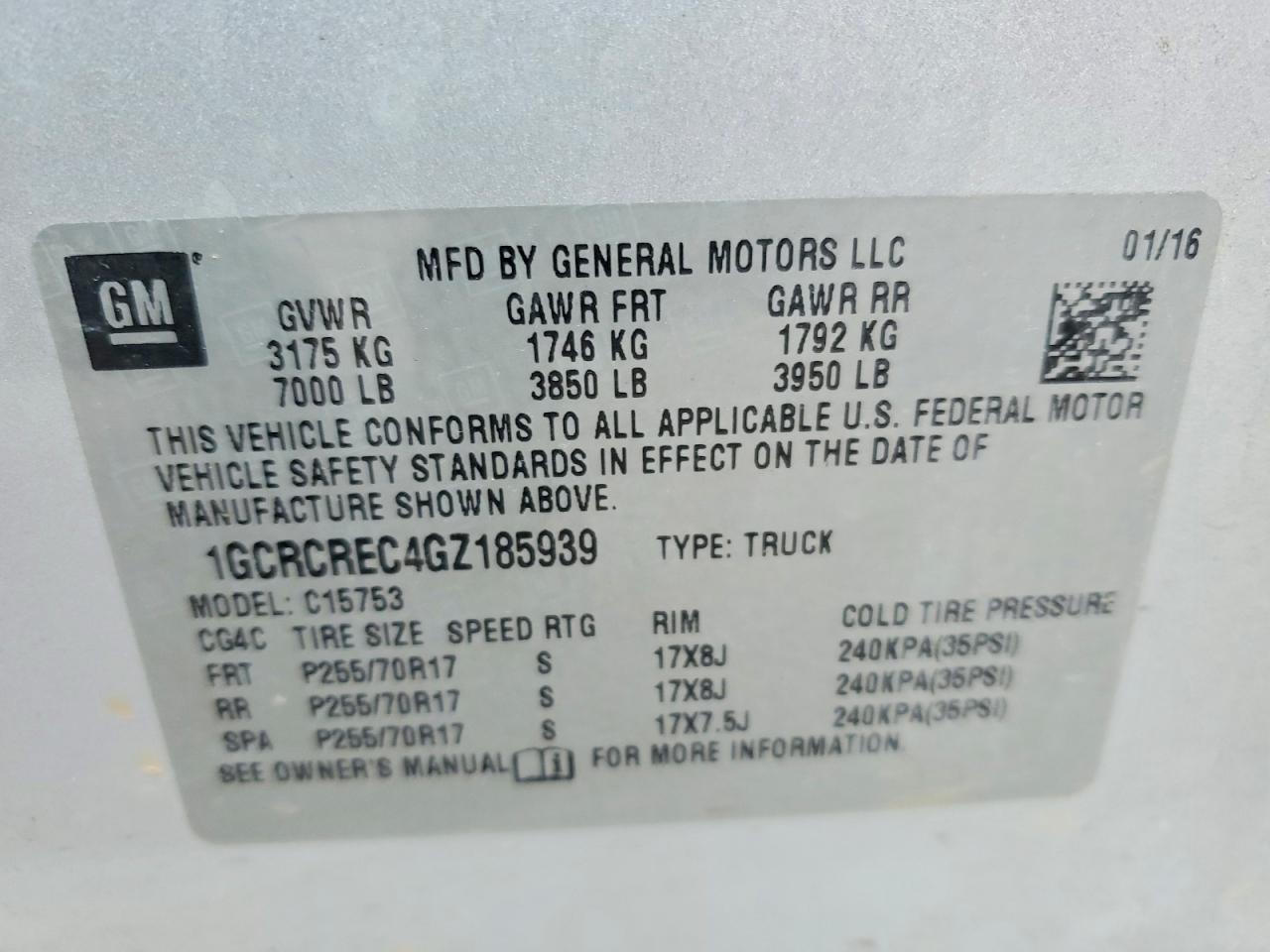 2016 Chevrolet All models VIN 1GCRCREC4GZ185939 photo 12