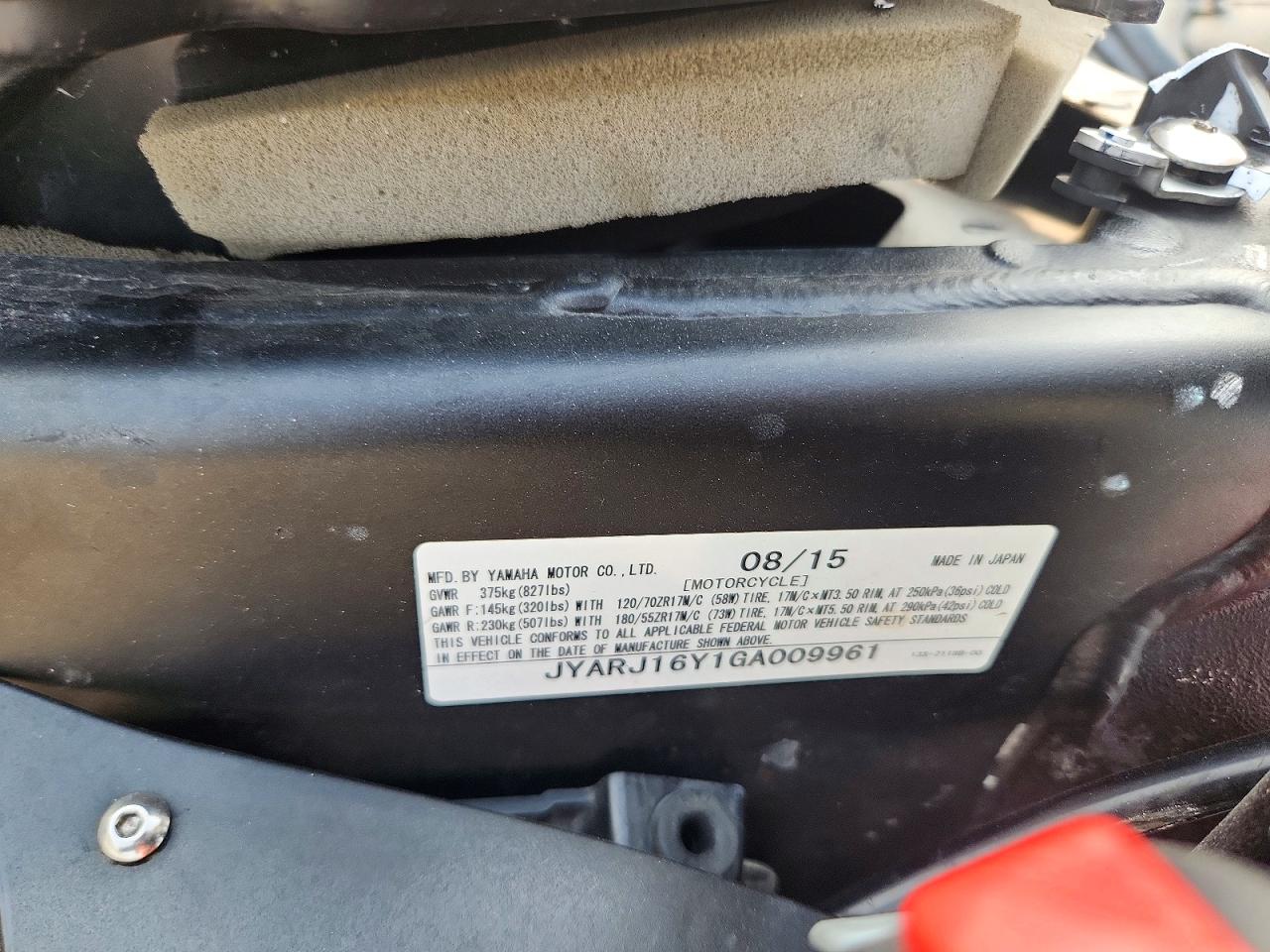 2016 Yamaha Yzf600 VIN JYARJ16Y1GA009961 photo 9