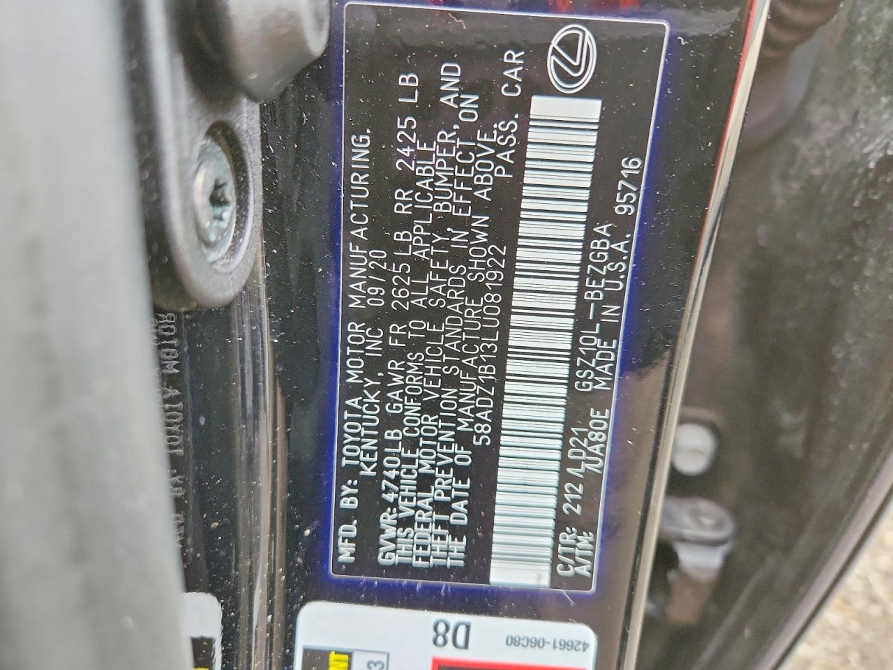 2020 Lexus ES350 VIN 58ADZ1B13LU081922 photo 12