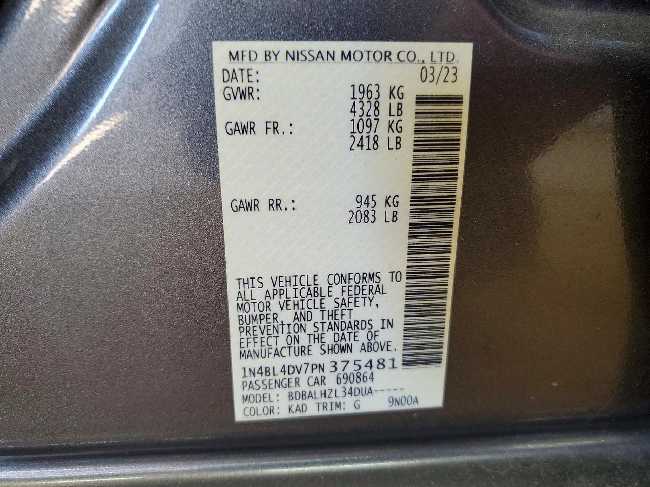 2023 Niss Altima VIN 1N4BL4DV7PN375481 photo 12