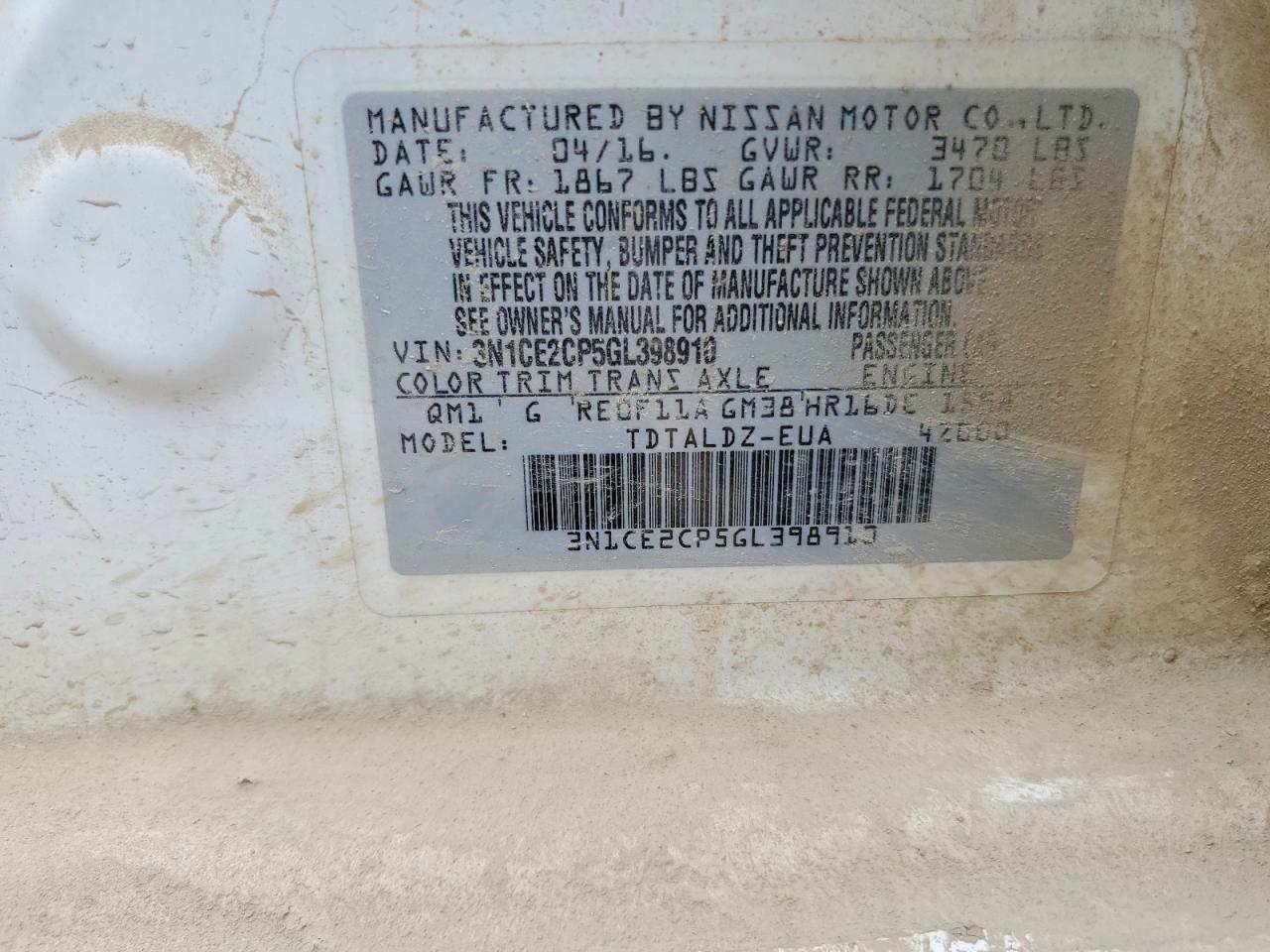 2016 NISS Versa VIN 3N1CE2CP5GL398910 photo 12