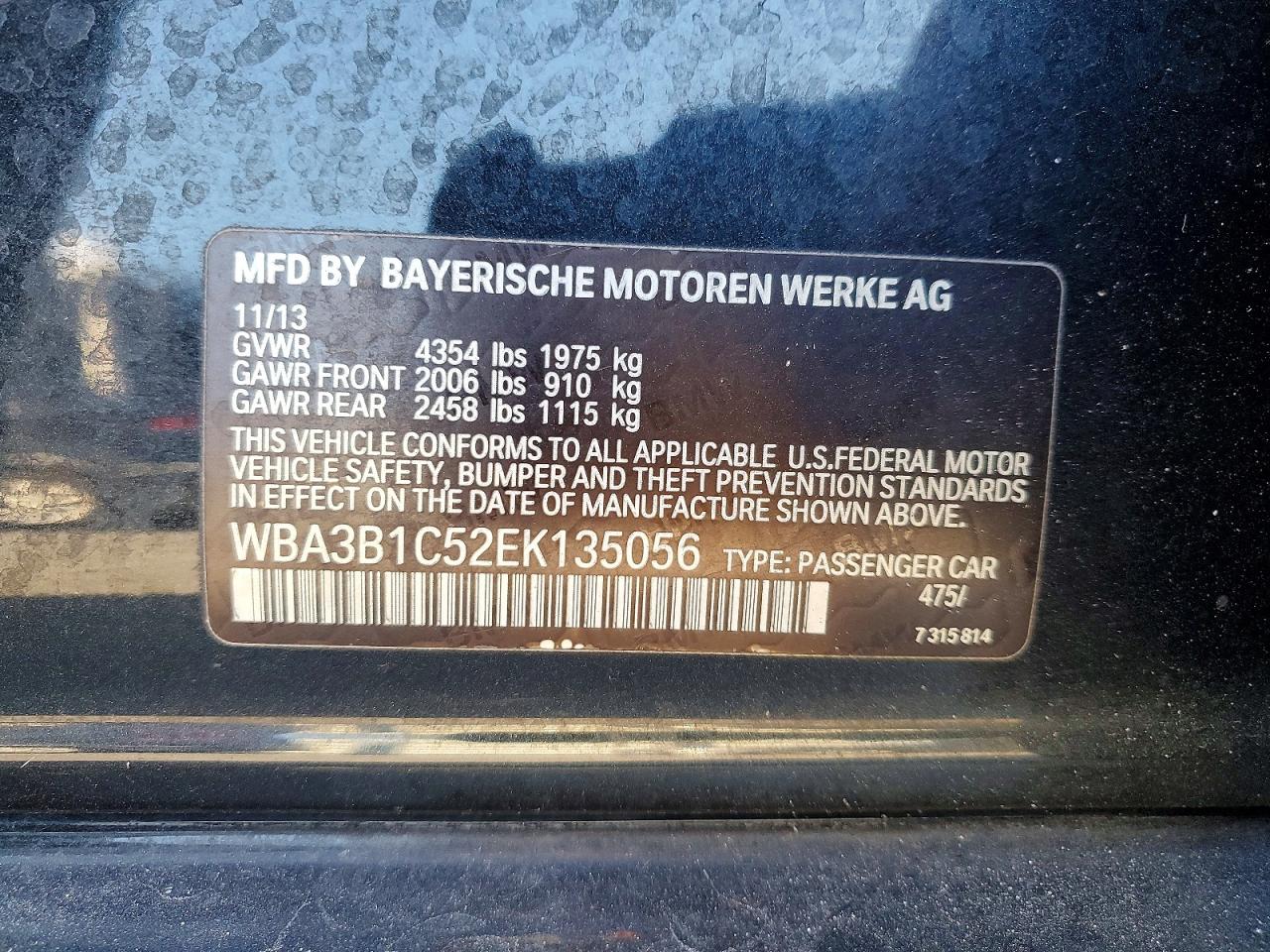 2014 BMW 3 series VIN WBA3B1C52EK135056 photo 12