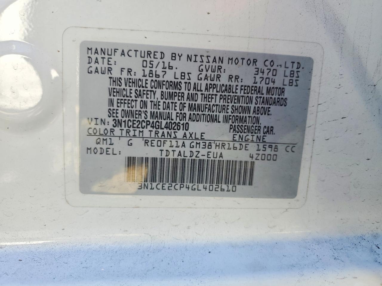 2016 NISS Versa VIN 3N1CE2CP4GL402610 photo 12