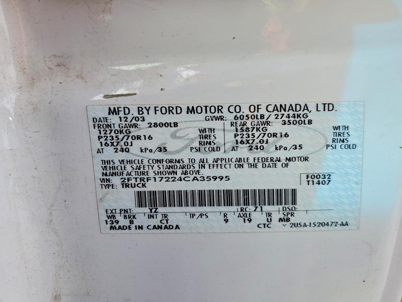 2004 Ford F150 VIN 2FTRF17224CA35995 photo 12