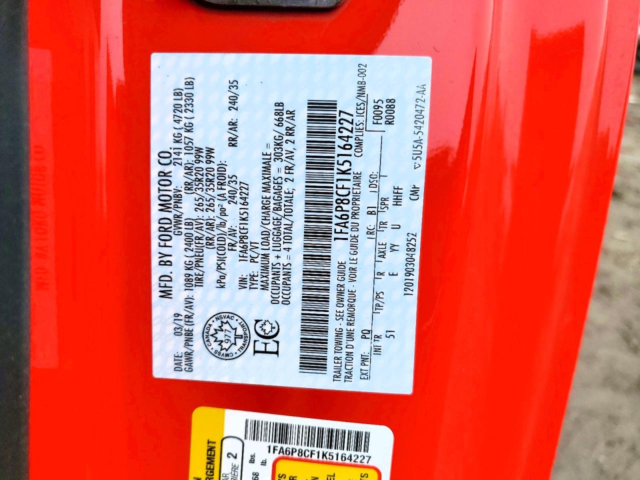 2019 Ford Mustang VIN 1FA6P8CF1K5164227 photo 12