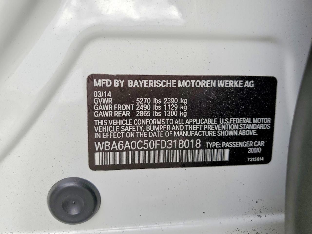 2015 BMW 6 series VIN WBA6A0C50FD318018 photo 12