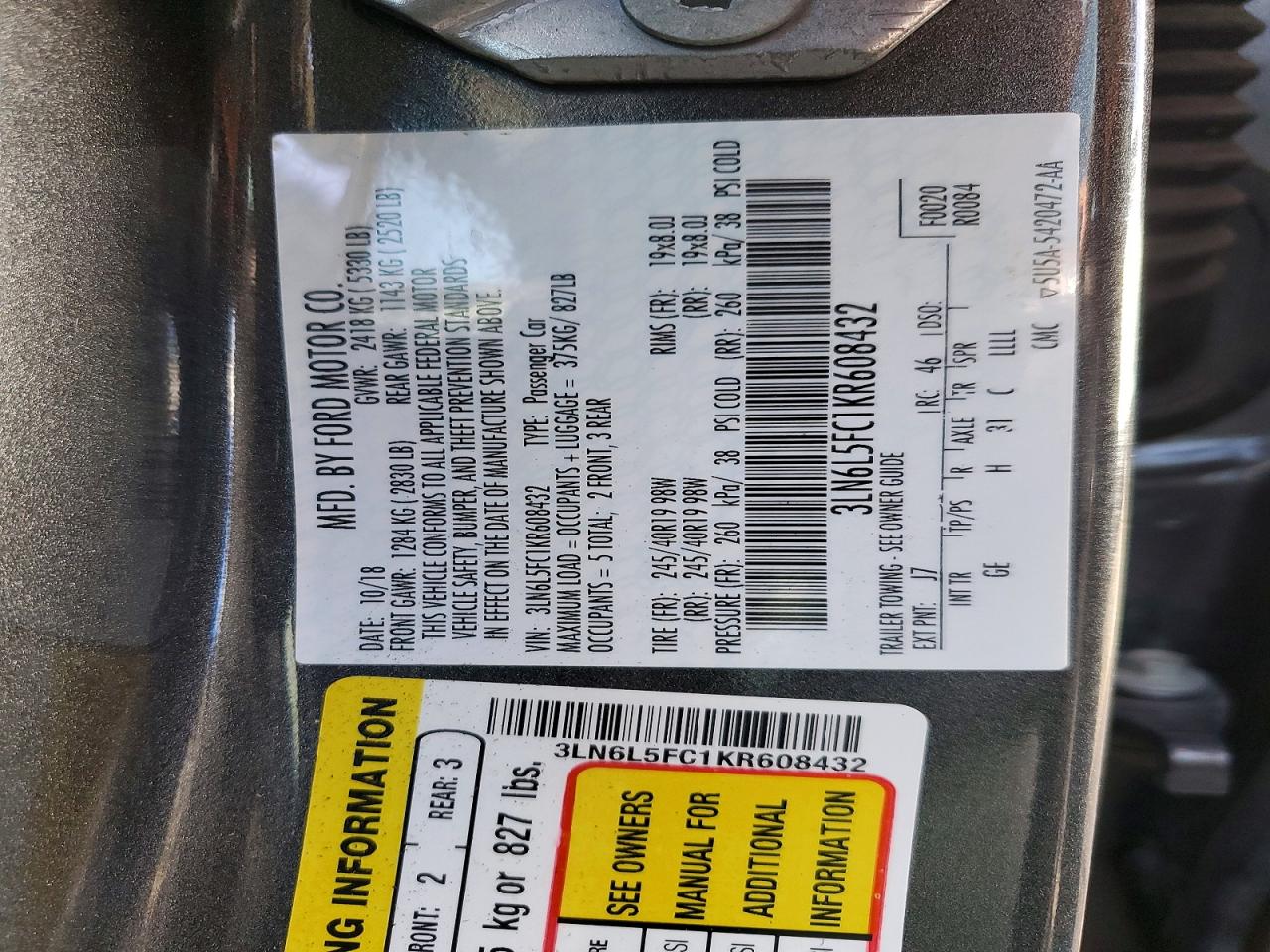 2019 LINCOLN Mkz VIN 3LN6L5FC1KR608432 photo 12