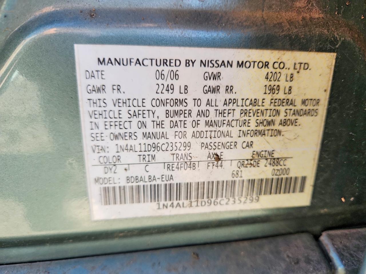 2006 NISS Altima VIN 1N4AL11D96C235299 photo 12