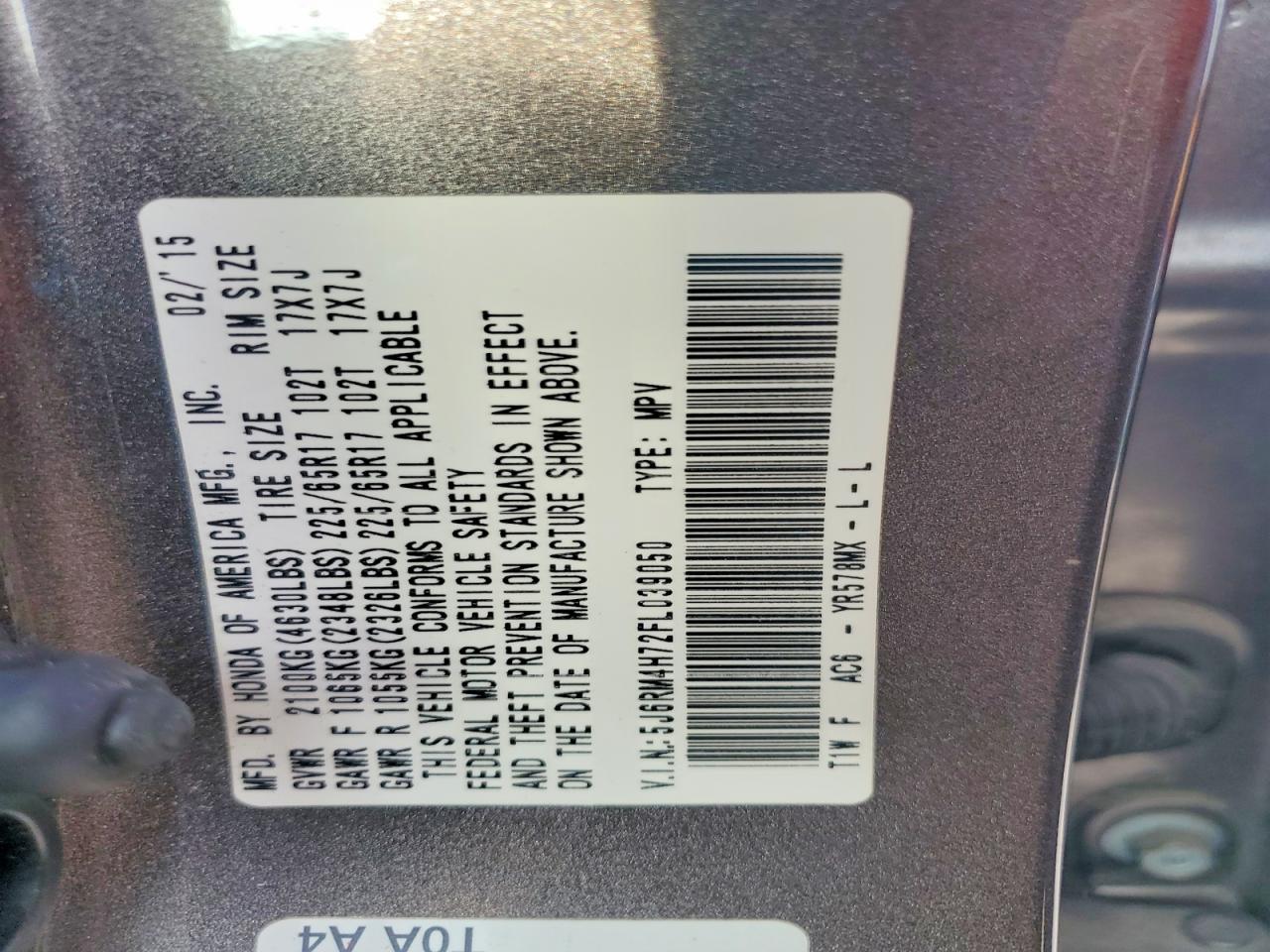 2015 Honda Crv VIN 5J6RM4H72FL039050 photo 12