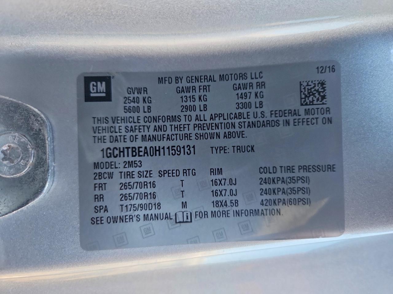 2017 Chev Colorado VIN 1GCHTBEA0H1159131 photo 12