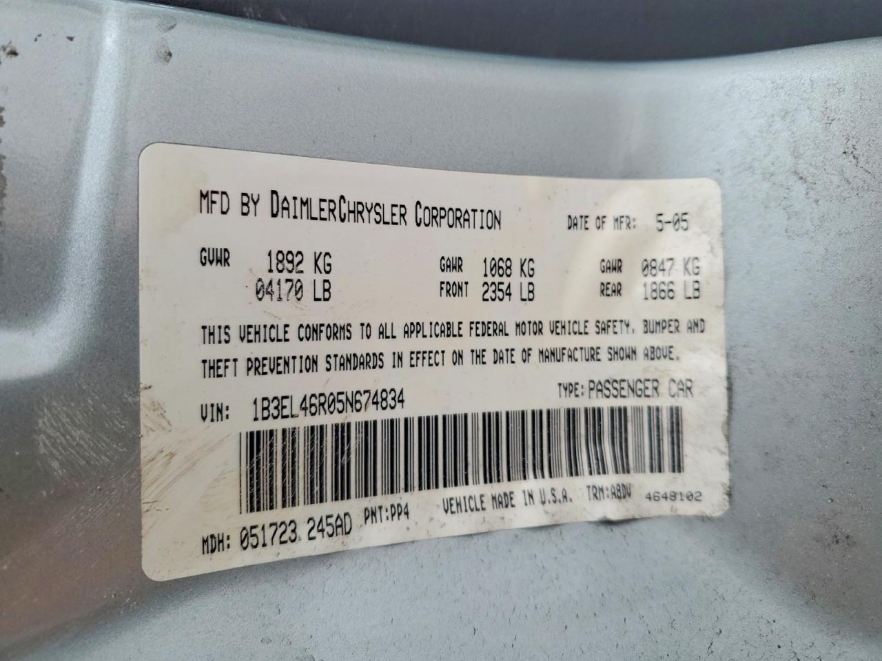 2005 Dodge Stratus VIN 1B3EL46R05N674834 photo 12