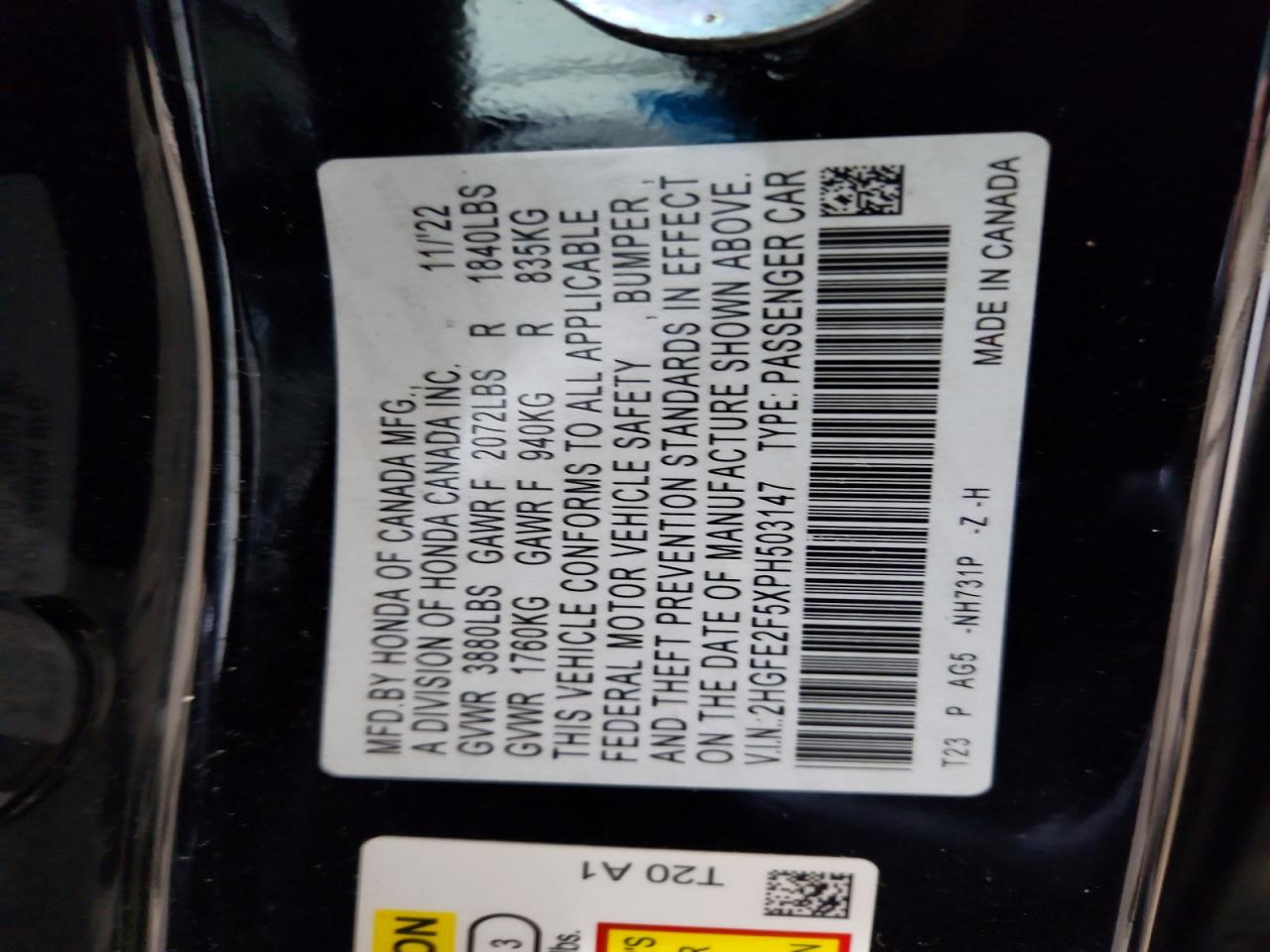 2023 Honda Civic VIN 2HGFE2F5XPH503147 photo 12