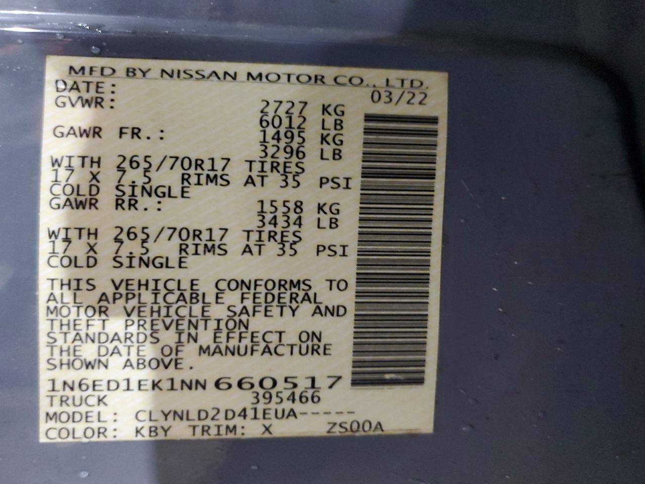 2022 Niss Frontier VIN 1N6ED1EK1NN660517 photo 12