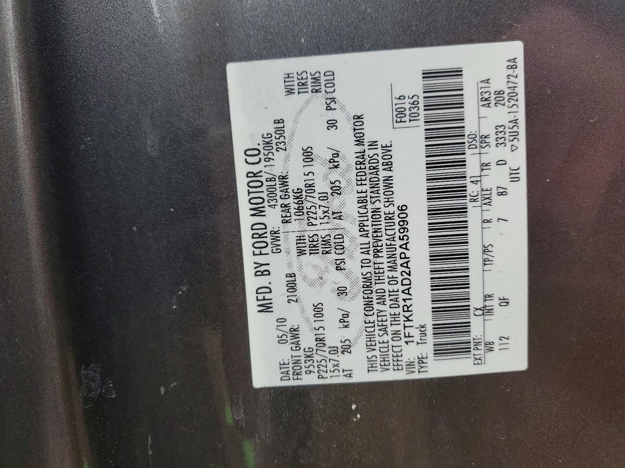 2010 Ford Ranger VIN 1FTKR1AD2APA59906 photo 12