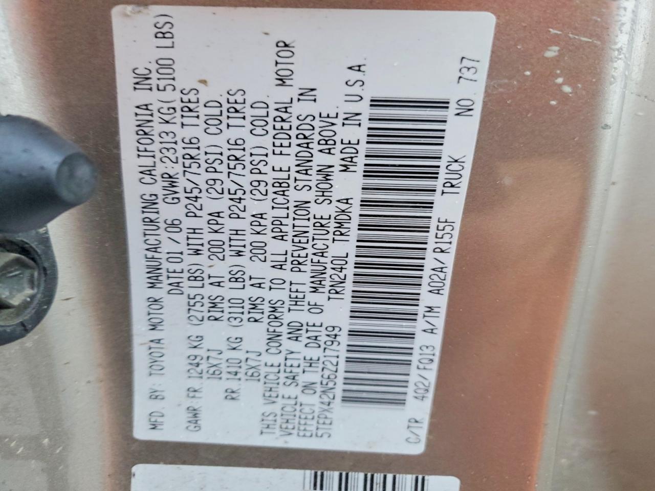 2006 Toyota All models VIN 5TEPX42N56Z217949 photo 12
