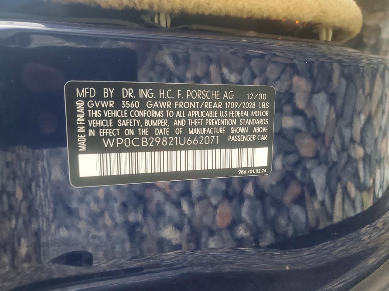 2001 Porsche Boxster VIN WP0CB29821U662071 photo 12