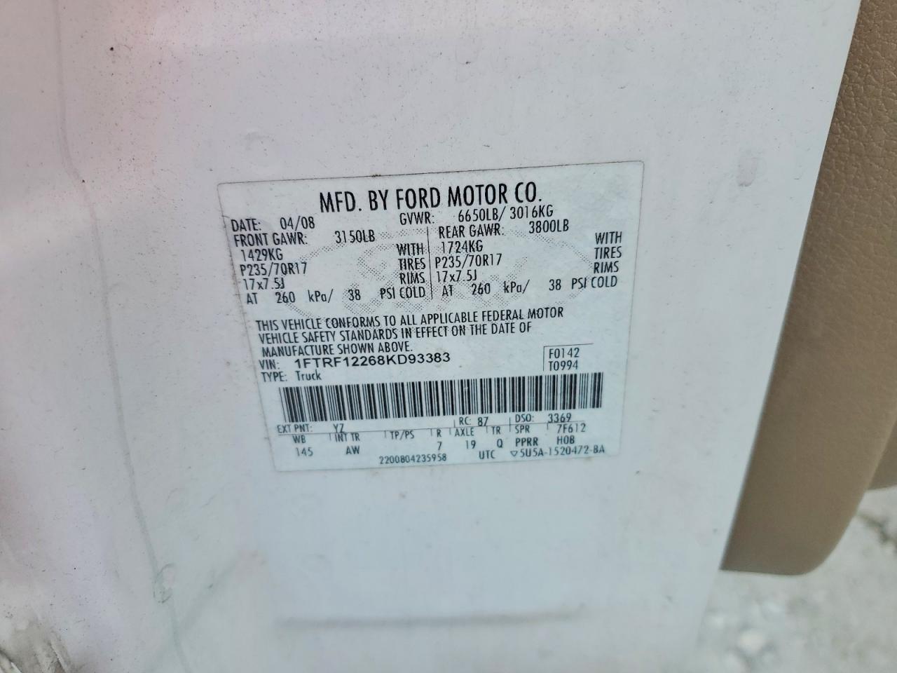 2008 Ford F150 VIN 1FTRF12268KD93383 photo 12