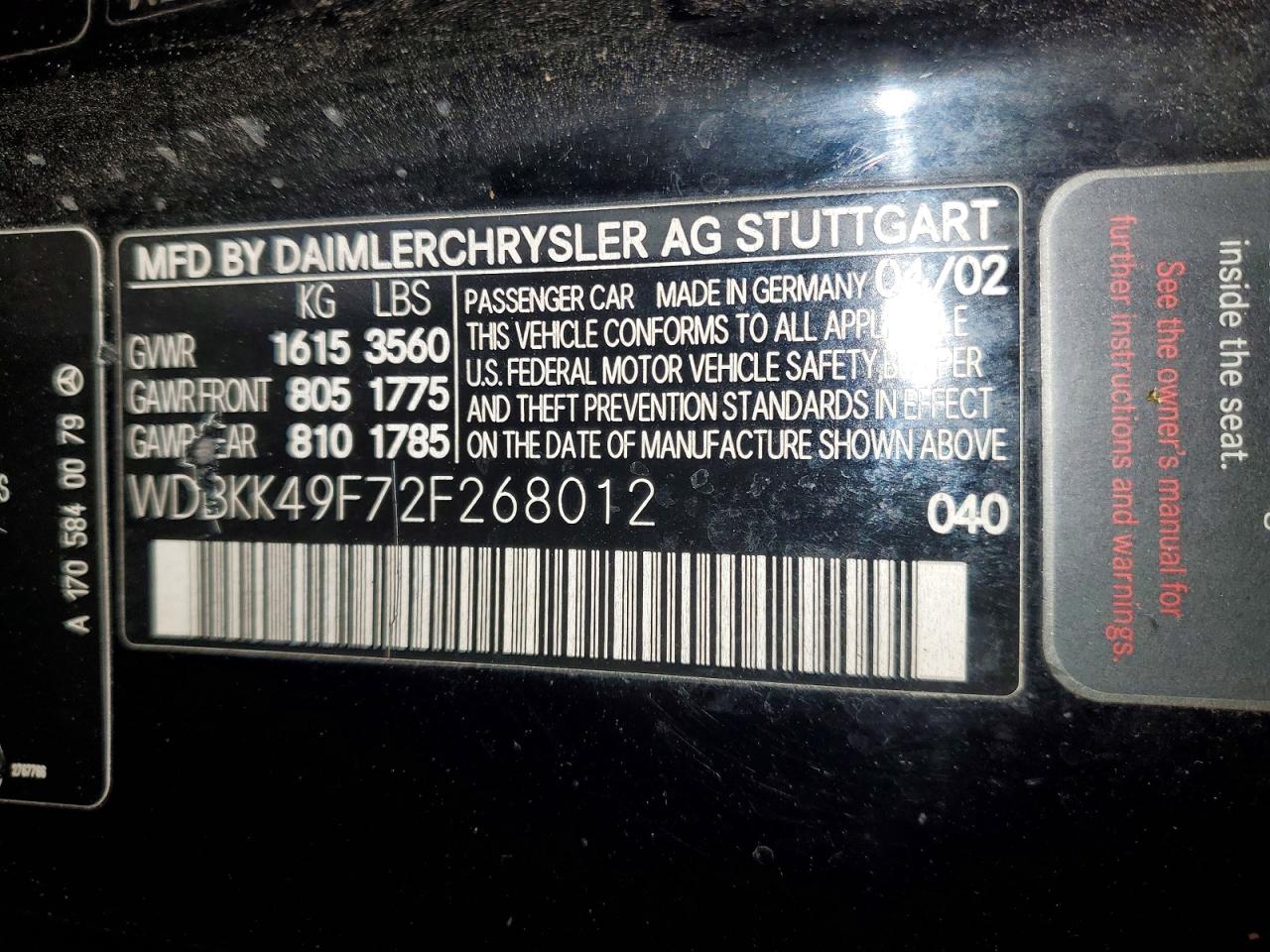 2002 Mercedes-Benz Slk-class VIN WDBKK49F72F268012 photo 12