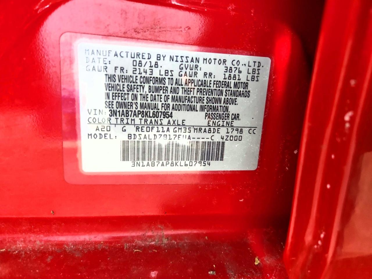 2019 NISS Sentra VIN 3N1AB7AP8KL607954 photo 12