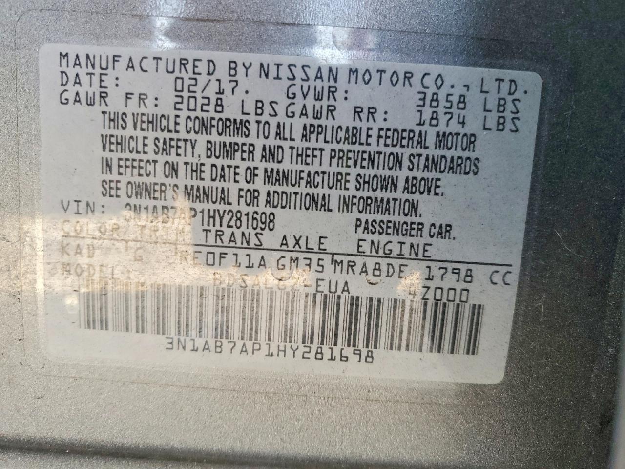 2017 NISS Sentra VIN 3N1AB7AP1HY281698 photo 12