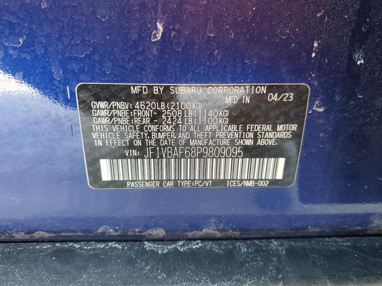 2023 Wrx VIN JF1VBAF68P9809095 photo 12