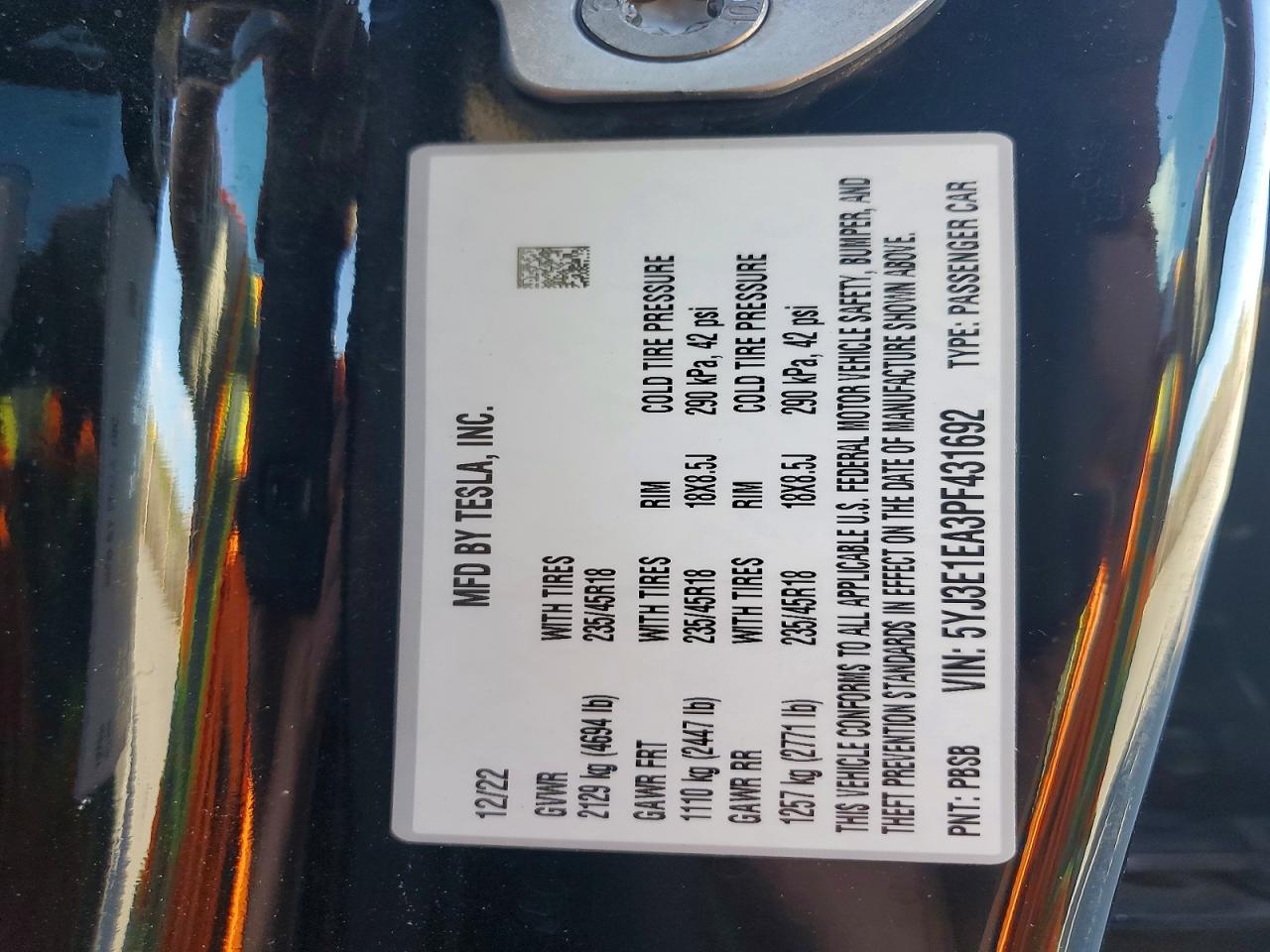 2023 Tesla Model 3 VIN 5YJ3E1EA3PF431692 photo 12