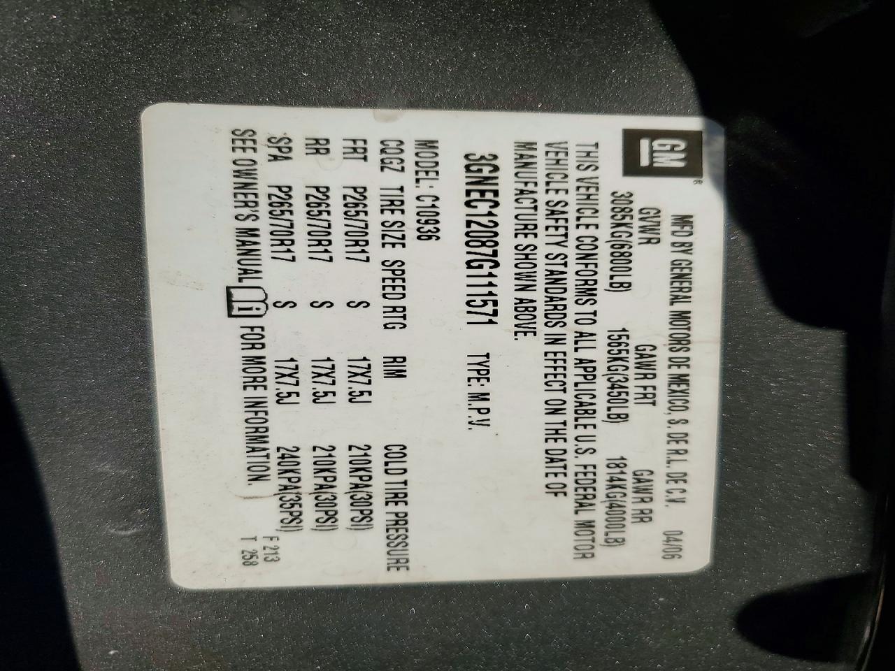 2007 CHEV Avalanche VIN 3GNEC12087G111571 photo 12