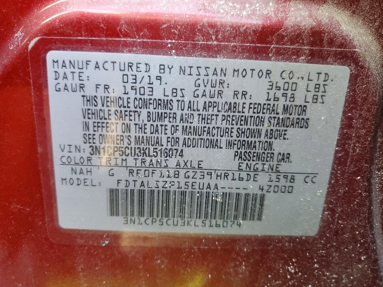 2019 Niss Kicks VIN 3N1CP5CU3KL516074 photo 12