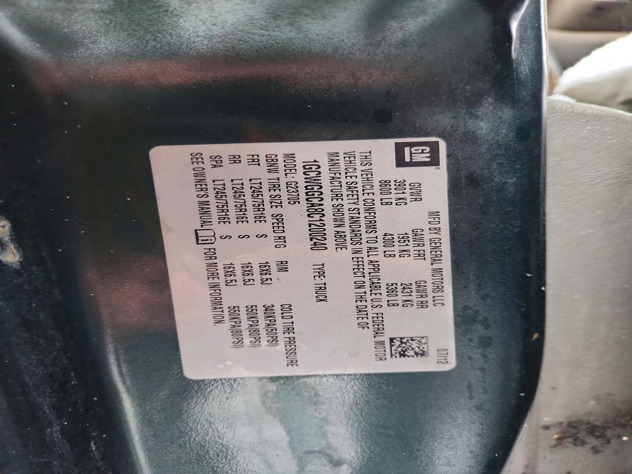 2012 CHEV Express VIN 1GCWGGCA8C1200240 photo 12