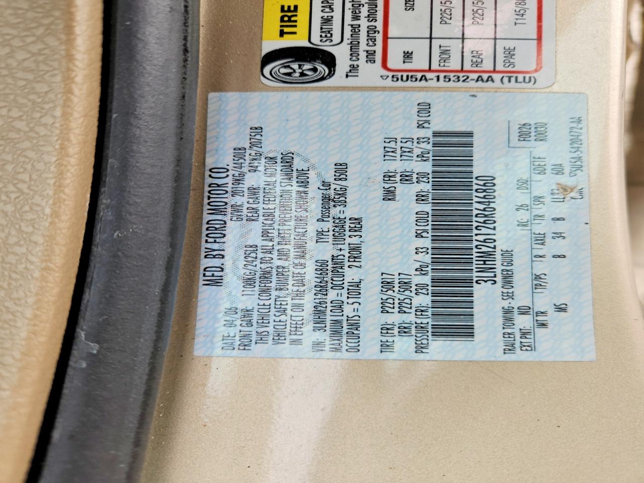 2006 LINCOLN Zephyr VIN 3LNHM26126R646860 photo 12
