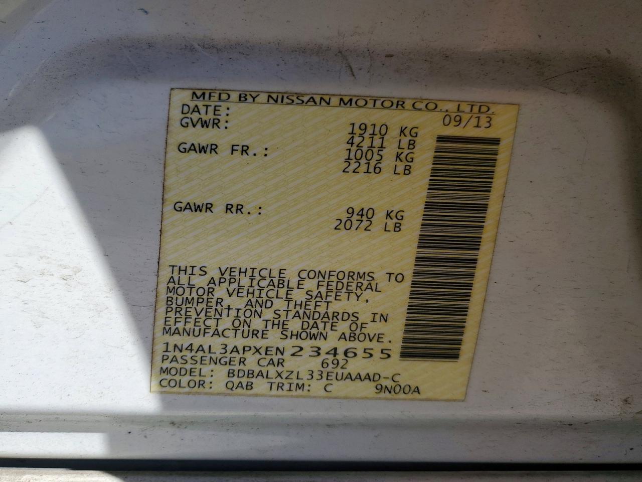 2014 Niss Altima VIN 1N4AL3APXEN234655 photo 12